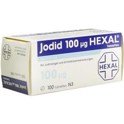 Es ist eine Schachtel Jodid-Tabletten von Hexal mit 100 Mikrogramm Dosierung.
