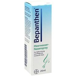 Eine Schachtel Bepanthen Meerwasser-Nasenspray für die Pflege der trockenen Nase.