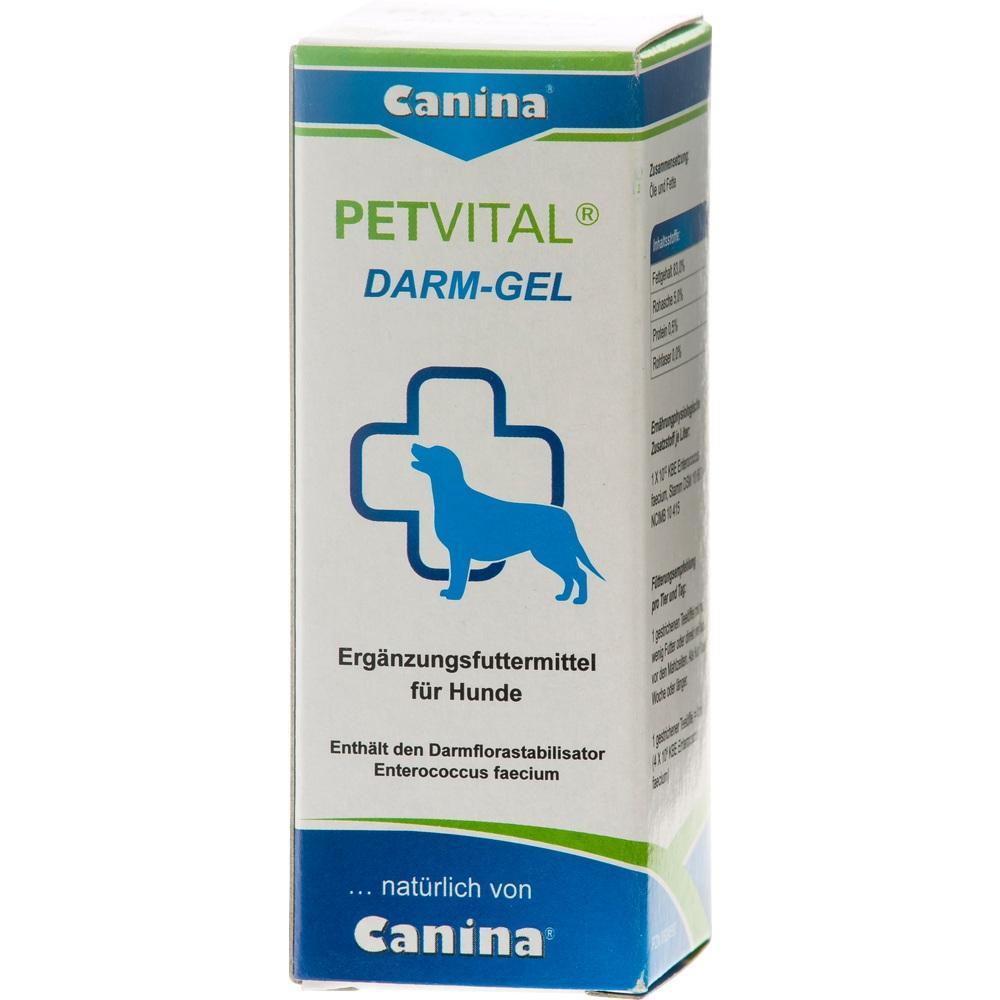 Eine Verpackung von Petvital Darm-Gel, einem Ergänzungsfuttermittel für Hunde.