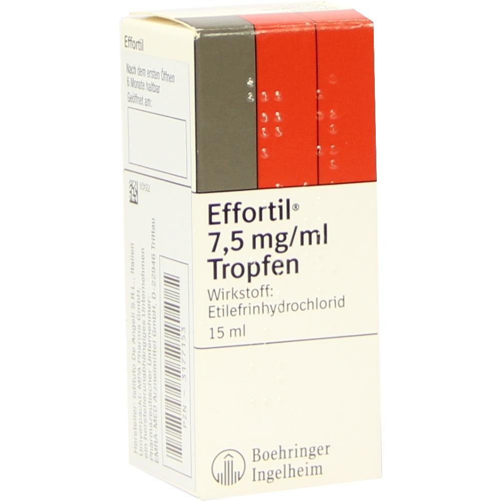 Weiße Medikamentenbox mit rotem Rand und der Aufschrift "Effortil Tropfen".