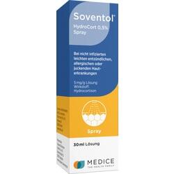Blauer und gelber Karton einer Hautspray-Medizin gegen Juckreiz.
