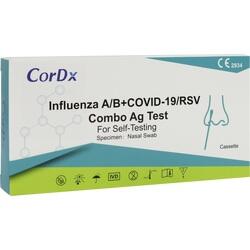 Verpackung eines Tests für Grippe, COVID-19 und RSV zur Selbstanwendung durch Nasenabstrich.